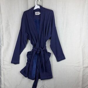 UGG Robe Womens XL Blue Jersey Fleece Lined Kimono Belted Pockets Tie Waist